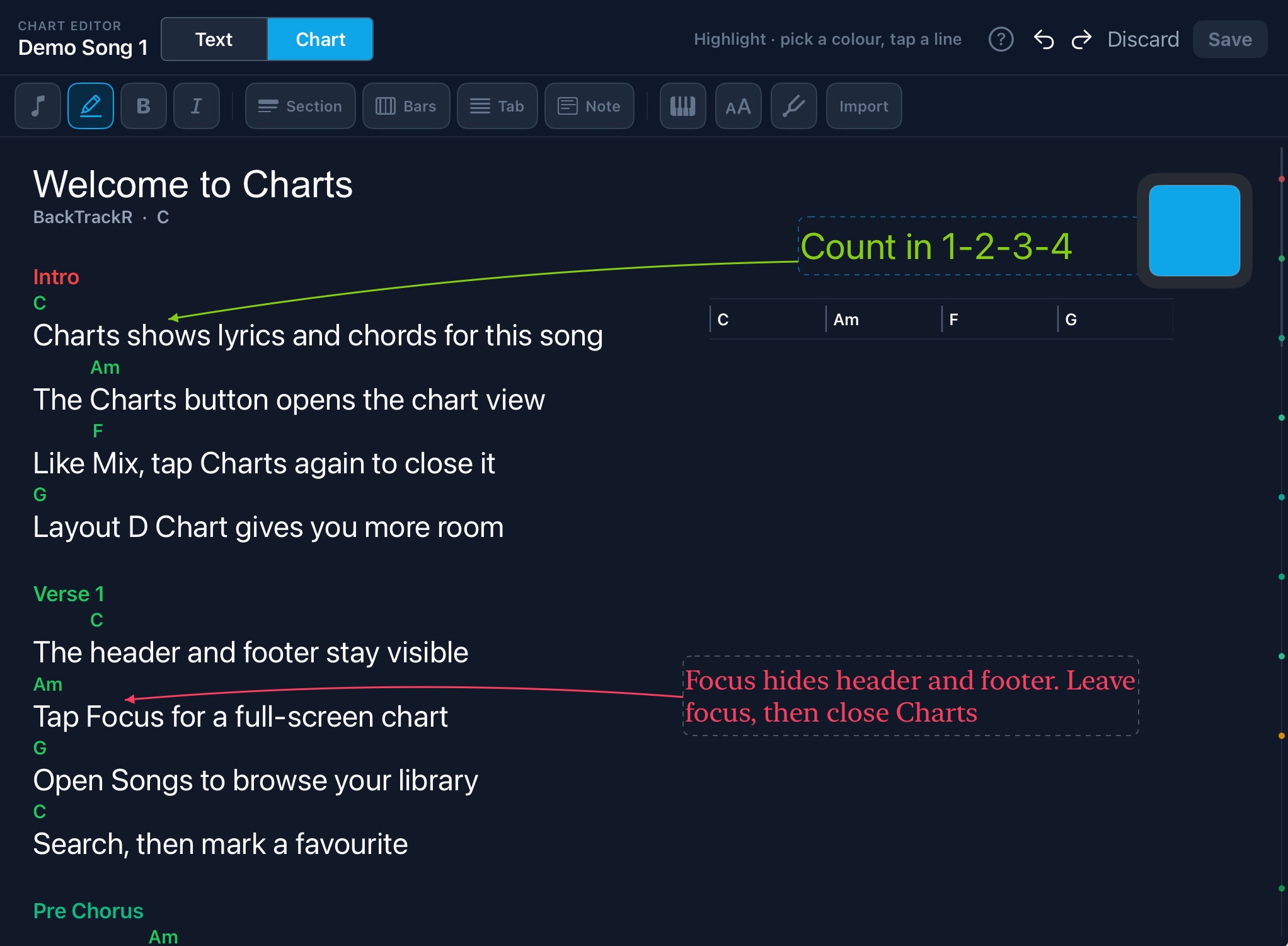 Charts editor with lyrics and chords in BackTrackR