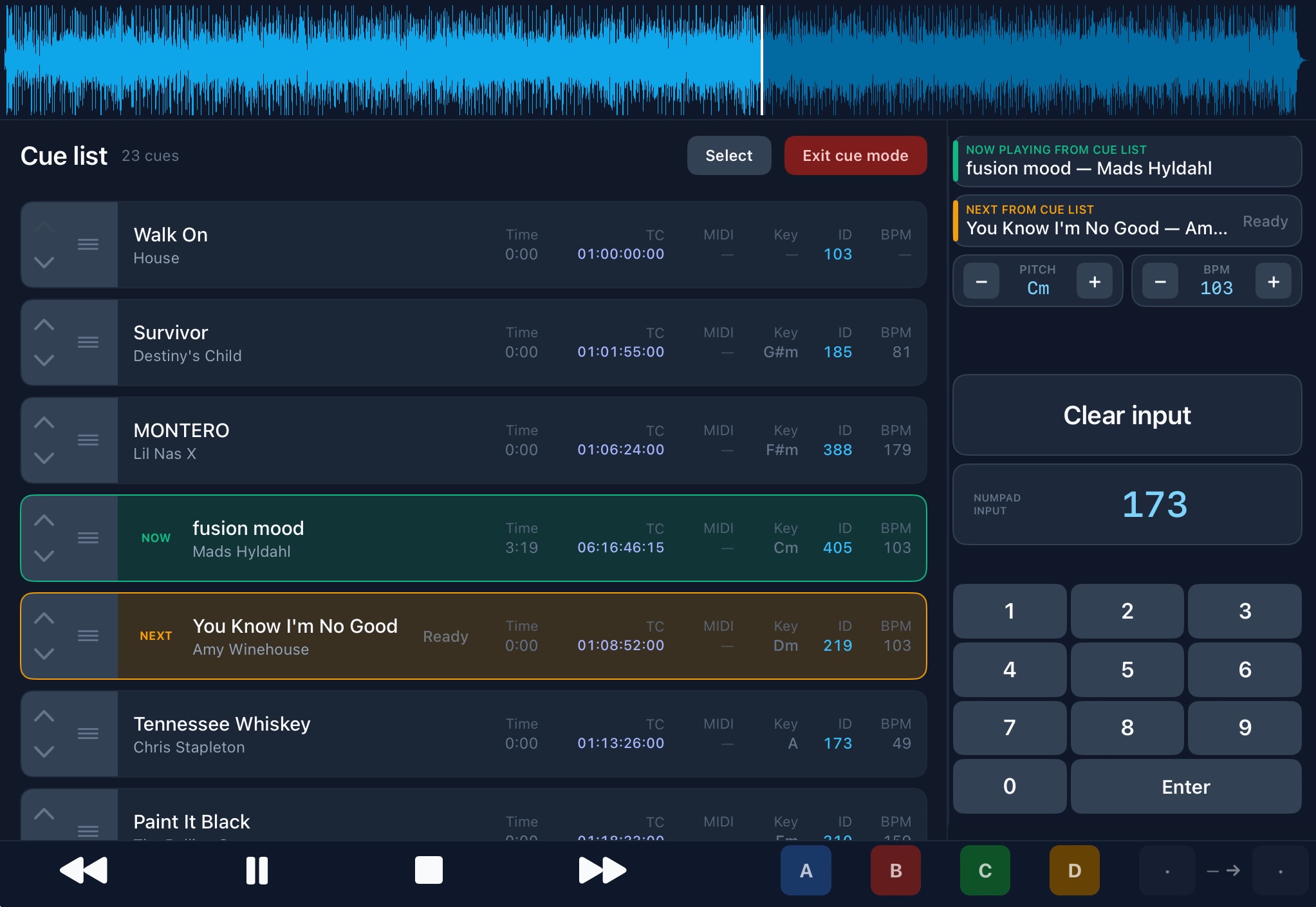 Cue list in BackTrackR