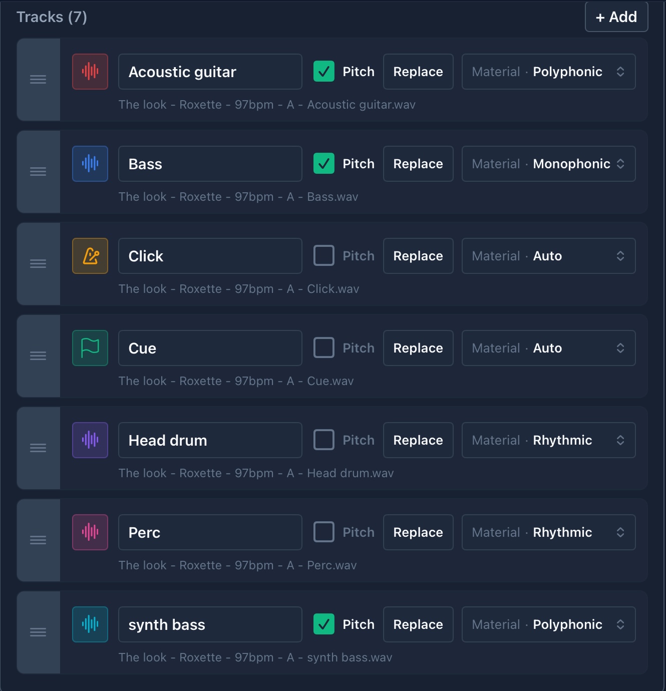 Imported song track list with stems, Add, and Replace