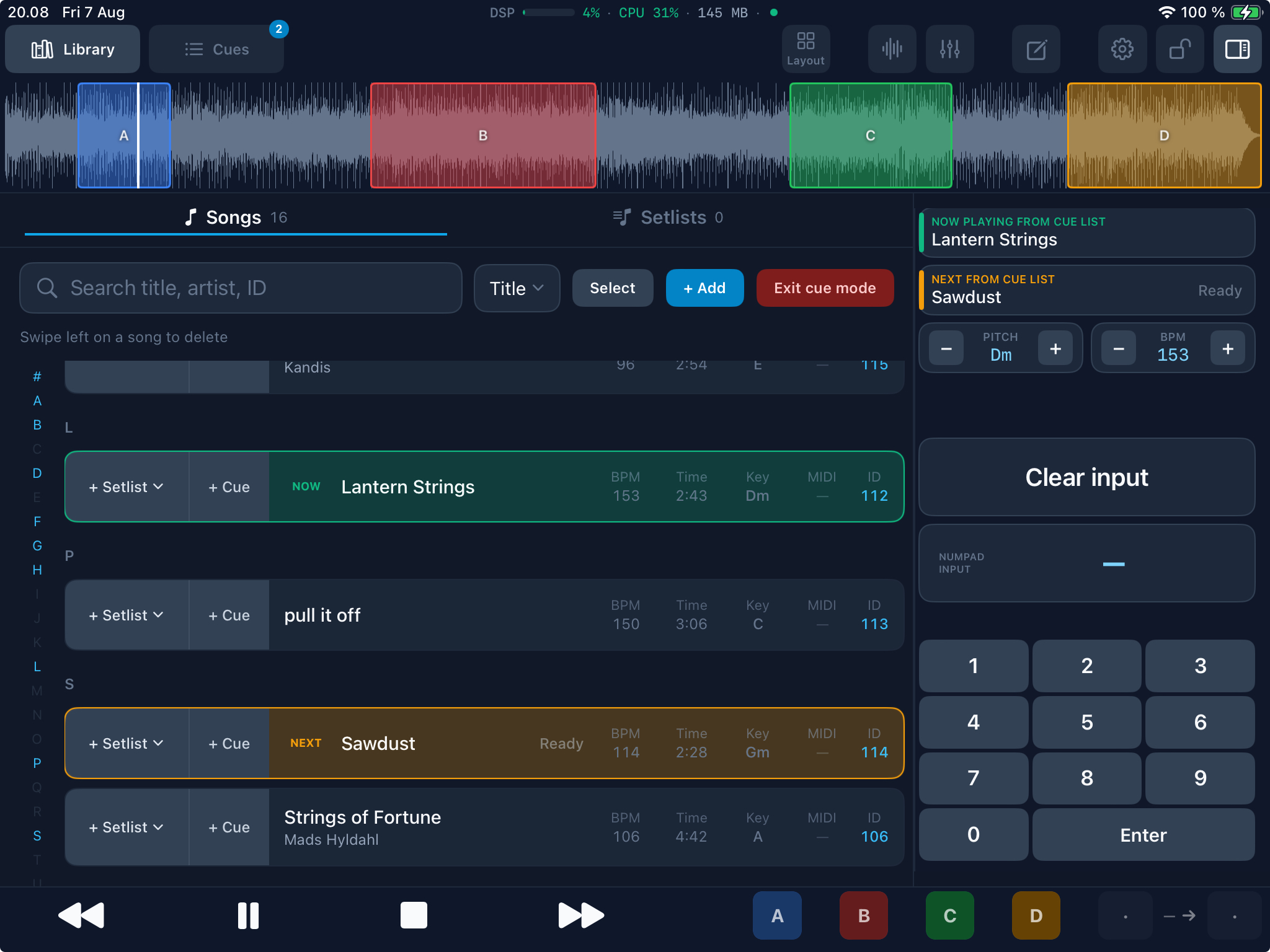 BackTrackr main performance view on iPad during playback